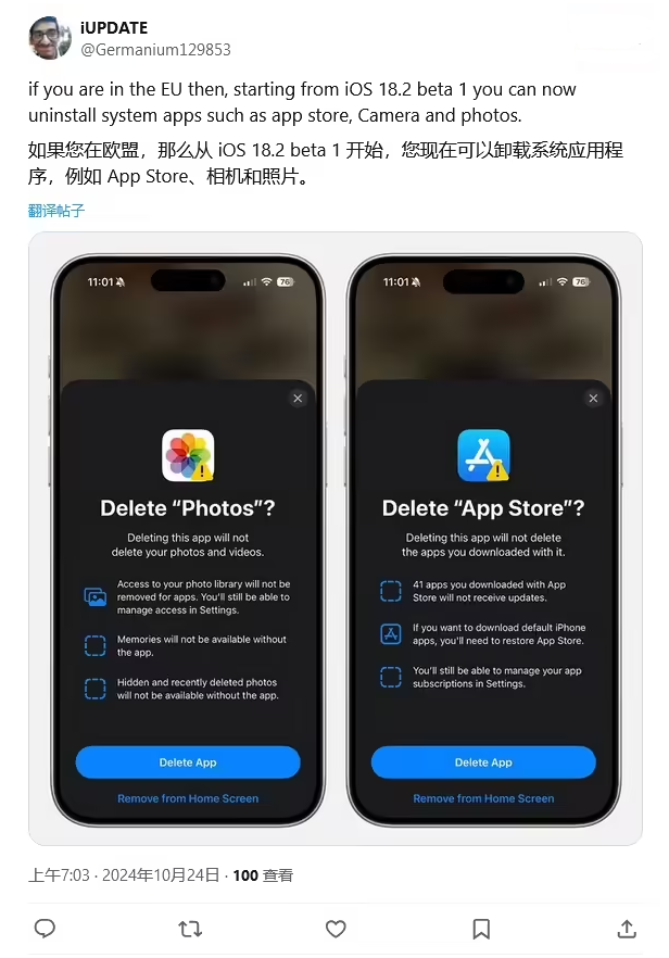 大新苹果手机维修分享iOS 18.2 支持删除 App Store 应用商店 