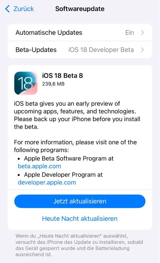 大新苹果手机维修分享苹果 iOS / iPadOS 18 开发者预览版 Beta 8 发布 